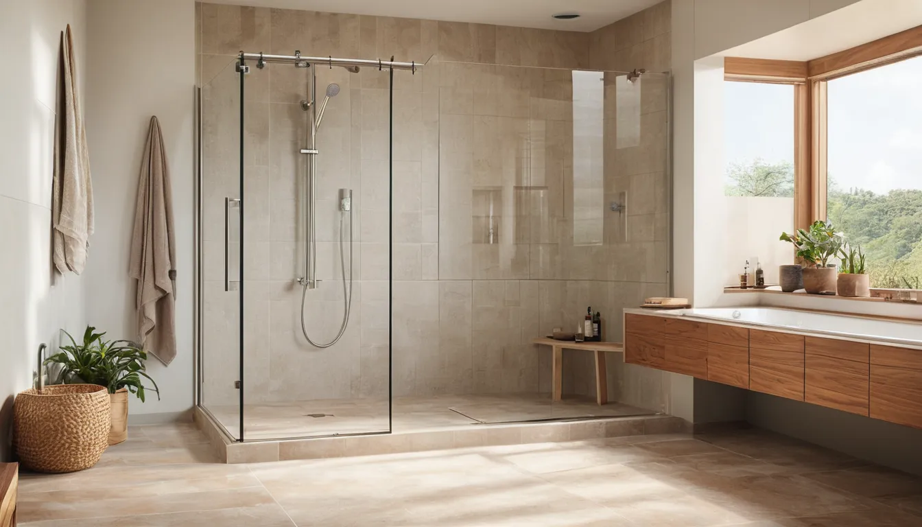 A walk-in shower with a low entry, bench, and grab bar in a bright Stonecrest home bathroom